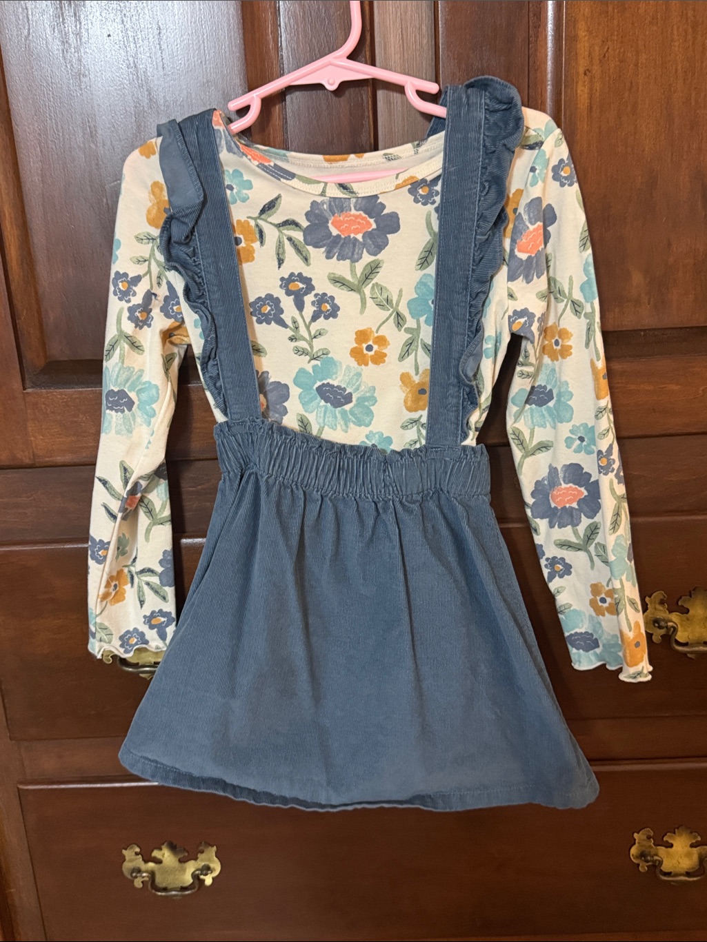Girls Floral Long Sleeve Top With Blue Corduroy Pinafore Dress